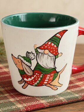 Peppermint & Pine Holiday Speckled Coffee Cup Mug Dachshund Weiner Dog Gnome
